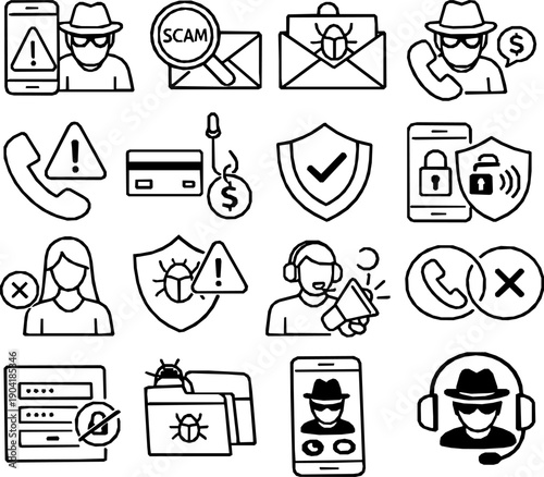 Scam, Spam and Voice Phishing Prevention – 16 Minimal Black Line Vector Icons