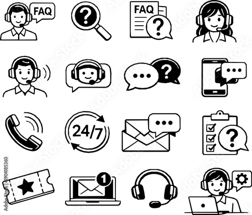 Customer Support Line Icons Set – FAQ, Live Chat, Call Center, Ticketing