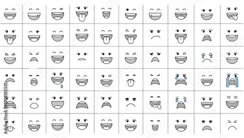 Grid of various cartoon eye and mouth expressions showing a wide range of human emotions for character design and animation.