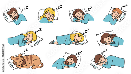 Collection of people and a cat sleeping comfortably in beds on pillows for relaxation and restful sleep concepts.