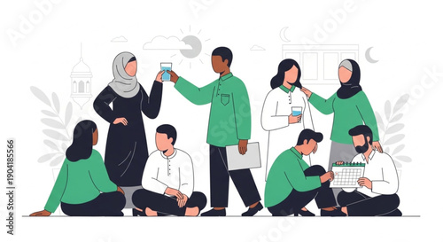 Ramadan social gathering and community iftar vector illustration representing unity, sharing and Muslim lifestyle