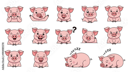 Cute pink pig characters with diverse facial expressions and funny poses including winking, sleeping, and being surprised.