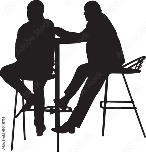 Print Two businessmen silhouettes sitting at bar counter, chatting, relaxed atmosphere, professional meeting