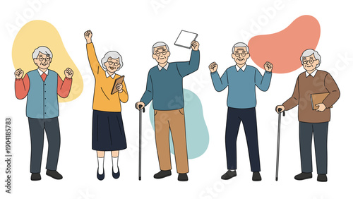 Happy elderly people celebrate and stay active by cheering and participating in group activities showing a positive senior lifestyle.