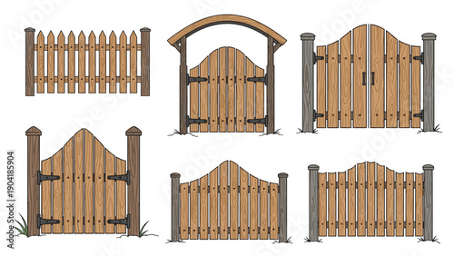 Assorted wooden garden fences and gates in various architectural styles provide options for landscaping home security and yard boundaries.