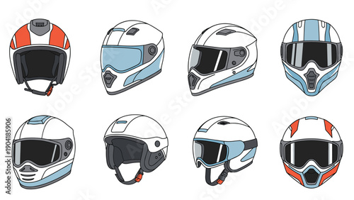 Diverse collection of motorcycle helmets includes full face modular and dirt bike styles for rider safety and protective gear.