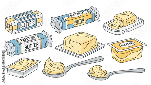 Variety of butter products including wrapped sticks blocks in containers and portions on spoons for cooking and dairy ingredient needs.