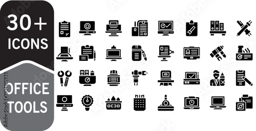 30+ Business Office Tools Icons Set Glyph Solid Vector Pack