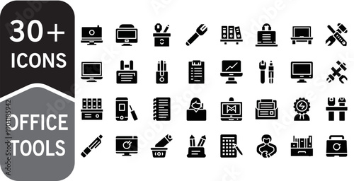 30+ Business Office Tools Icons Set Glyph Solid Vector Pack