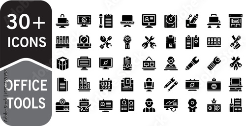 30+ Business Office Tools Icons Set Glyph Solid Vector Pack