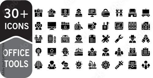 30+ Business Office Tools Icons Set Glyph Solid Vector Pack