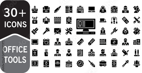 30+ Business Office Tools Icons Set Glyph Solid Vector Pack