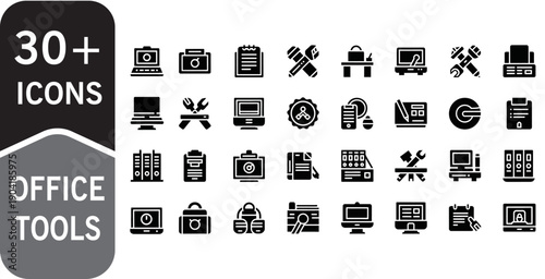 30+ Business Office Tools Icons Set Glyph Solid Vector Pack
