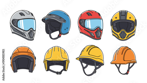 Protective headgear collection features various motorcycle helmets and colorful construction hard hats for industrial safety and transport.