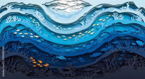 Abstract 3D Paper Cut Underwater Illustration of Ocean Depths with Coral Reefs, Schools of Fish, and Layered Blue Waves in a Metaphorical Style
