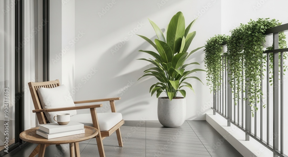 Fototapeta premium A serene outdoor balcony features a wooden lounge chair a small table with books and a mug a tall potted plant and cascading greenery on a dark railing