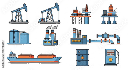 Oil and Gas Industry Icons Set Vector Illustration.