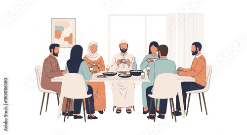 Ramadan social gathering vector illustration representing Muslim lifestyle and breaking fast together at dining table