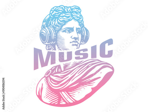 Classical statue wearing modern headphones with a colorful music gradient.