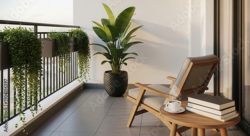 A sunlit balcony features lush green hanging plants a large potted plant a wooden chair and a table with books and a coffee cup