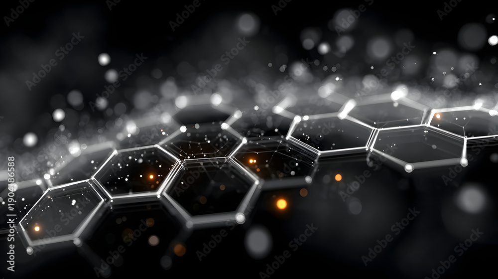 Obraz premium Futuristic hexagon grid with glowing particles and depth blur, representing digital network, AI, blockchain, and data technology.