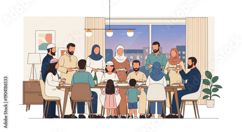 Ramadan buka bersama vector illustration showing Muslim family and friends sharing evening meal together