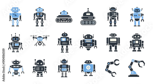 Robot character icon set flat robotics and AI vector collection
