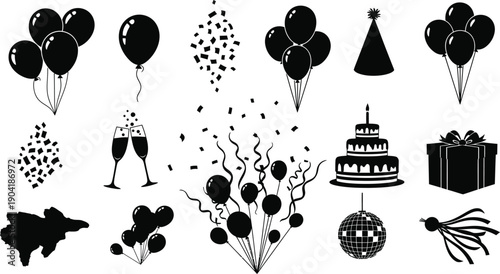 Black and white party celebration icons and symbols