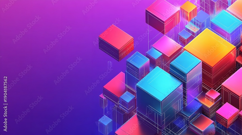 Obraz premium Abstract vibrant 3D cube cluster with purple pink gradient background showcasing futuristic geometric visualization and innovative digital art design