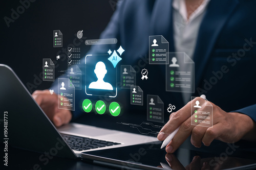 AI recruitment and HR management analysis. professional evaluates workforce data and automation dashboard for effective hiring, Human resources management, and workforce performance analytics