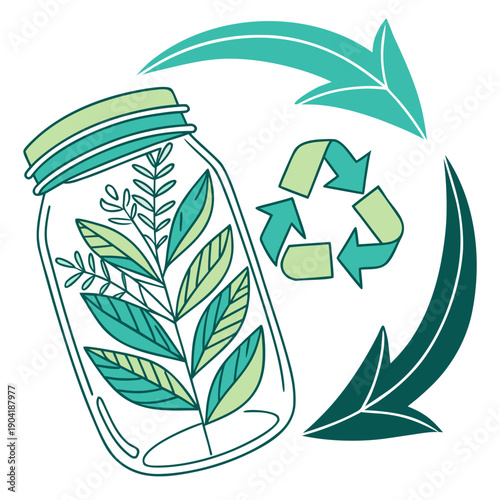 Eco-friendly jar with plants and recycling arrows in green colors  