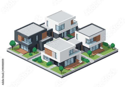 Isometric vector illustration of a modern residential community, showcasing contemporary houses with green spaces in an urban setting.