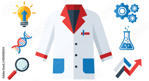 Illustration of a scientist’s lab coat with symbols representing research and discovery