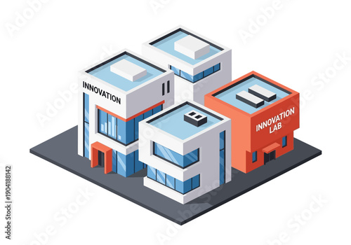 Isometric illustration of a modern innovation campus, featuring technology buildings and research labs for future development.