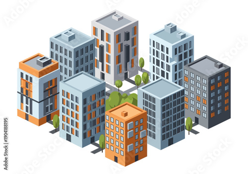 Isometric City Block Illustration: Modern Urban Architecture and Residential Buildings in a Planned Metropolitan Landscape Design