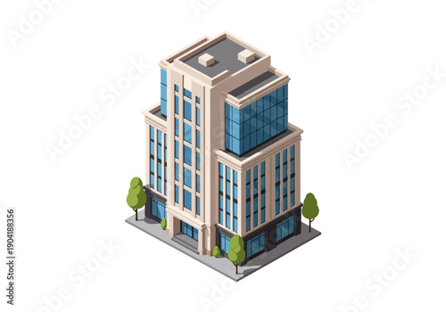 Detailed isometric vector illustration of a contemporary multistory commercial building, highlighting modern urban architectural design.