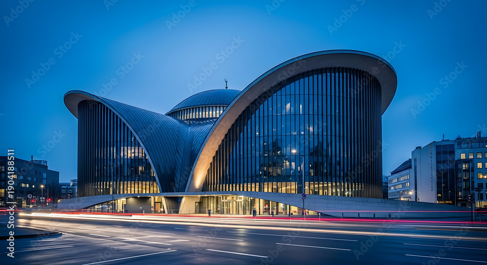 Obraz premium Modern architectural building with curved glass facades at dusk, featuring light trails from passing vehicles.