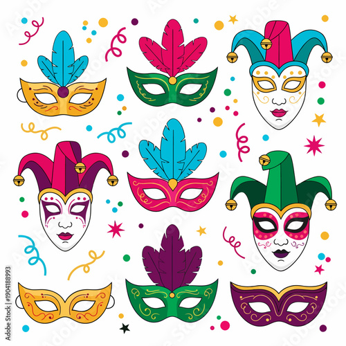 A vibrant collection of colorful carnival and masquerade masks, featuring jester hats, feathers, and festive confetti on a white background.