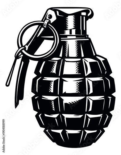 Bold line art illustration of a grenade depicting a classic explosive weapon for military designs