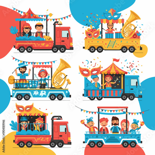 A collection of six colorful cartoon trucks decorated for a festive carnival parade, featuring people in costumes, musical instruments, masks, and confetti.