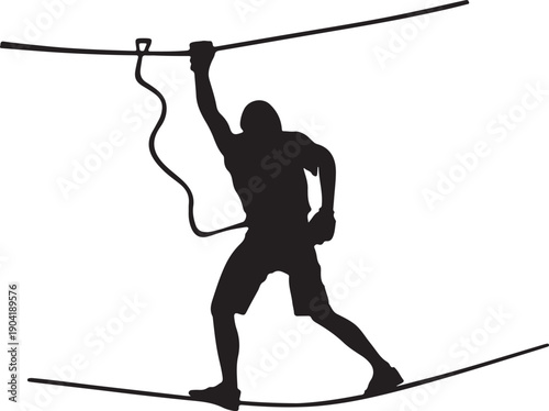 Print Silhouette of a person on a tightrope, balancing with a safety harness, extreme sports