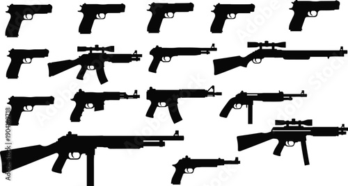 Black firearm silhouettes set featuring pistols rifles shotguns and submachine guns isolated on white background for military security design icons vector illustration collection clipart
