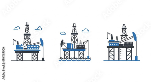 Offshore oil rig platform industrial illustration set.