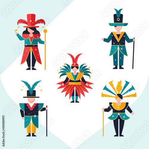 Flat design illustration of five colorful carnival characters in festive costumes with hats and feathers.