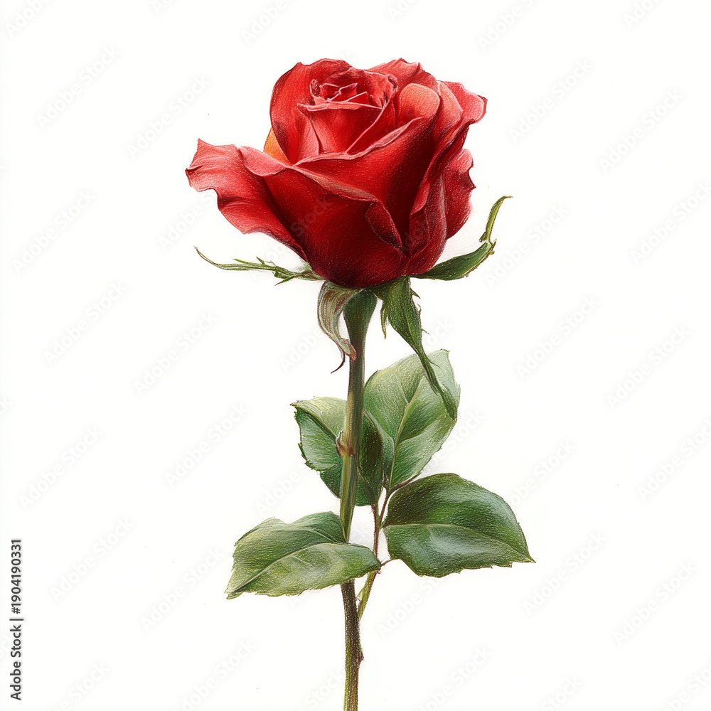 Naklejka premium Elegant red rose on a long stem, detailed colored pencil botanical illustration, isolated on white background