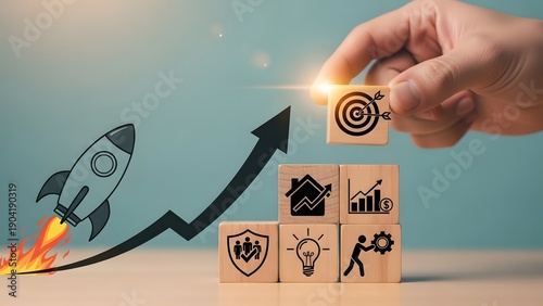 Business Growth Concept: Hand Adding Target Icon to Blocks with Rocket Launch, Representing Success and Goal Achievement in Financial Strategy