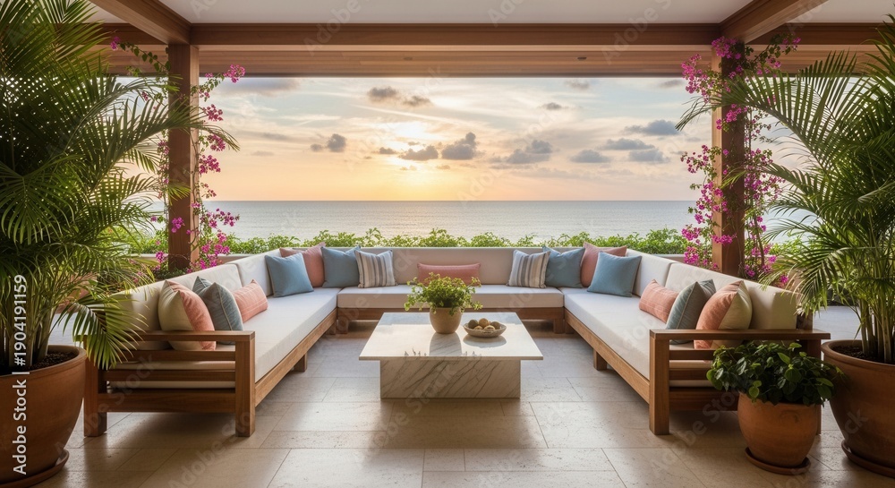Obraz premium Open-air patio with U-shaped sofa marble table potted plants and an ocean sunset view with clouds
