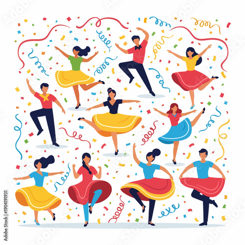 A vibrant illustration of diverse people joyfully dancing amidst a shower of colorful confetti and streamers, celebrating a festive occasion.