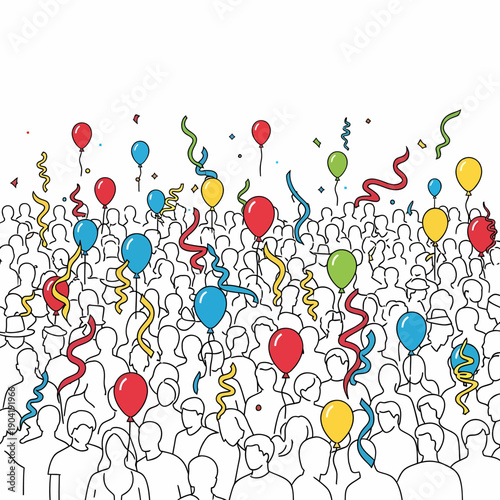 A large crowd of diverse people celebrating with colorful balloons and falling confetti, line art illustration.