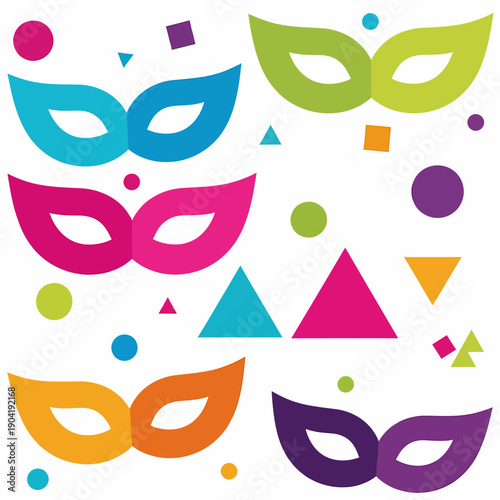 Colorful masquerade masks with festive confetti and geometric shapes on a white background, perfect for carnival celebrations.